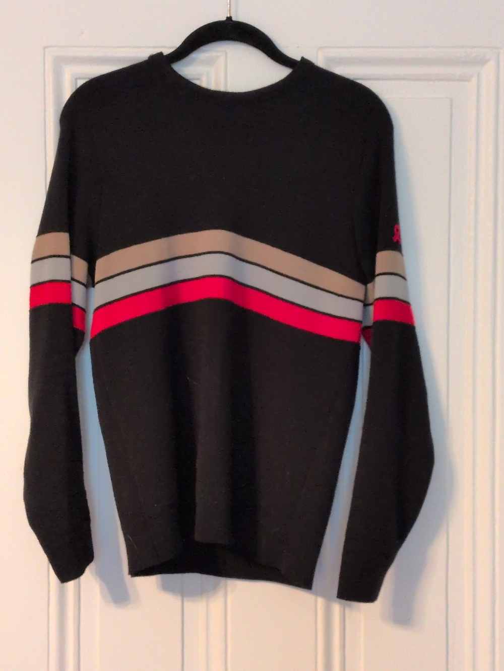 Men's Crewneck Ski Sweater in Black with Red, Tan and Gray Stripes Made USA